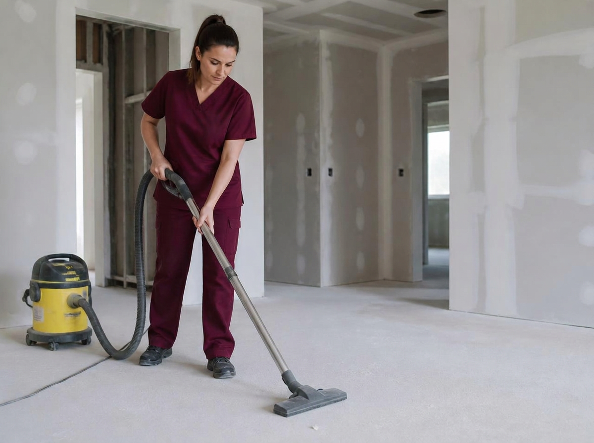 Cleaner in burgundy scrubs vacuuming a post-construction floor