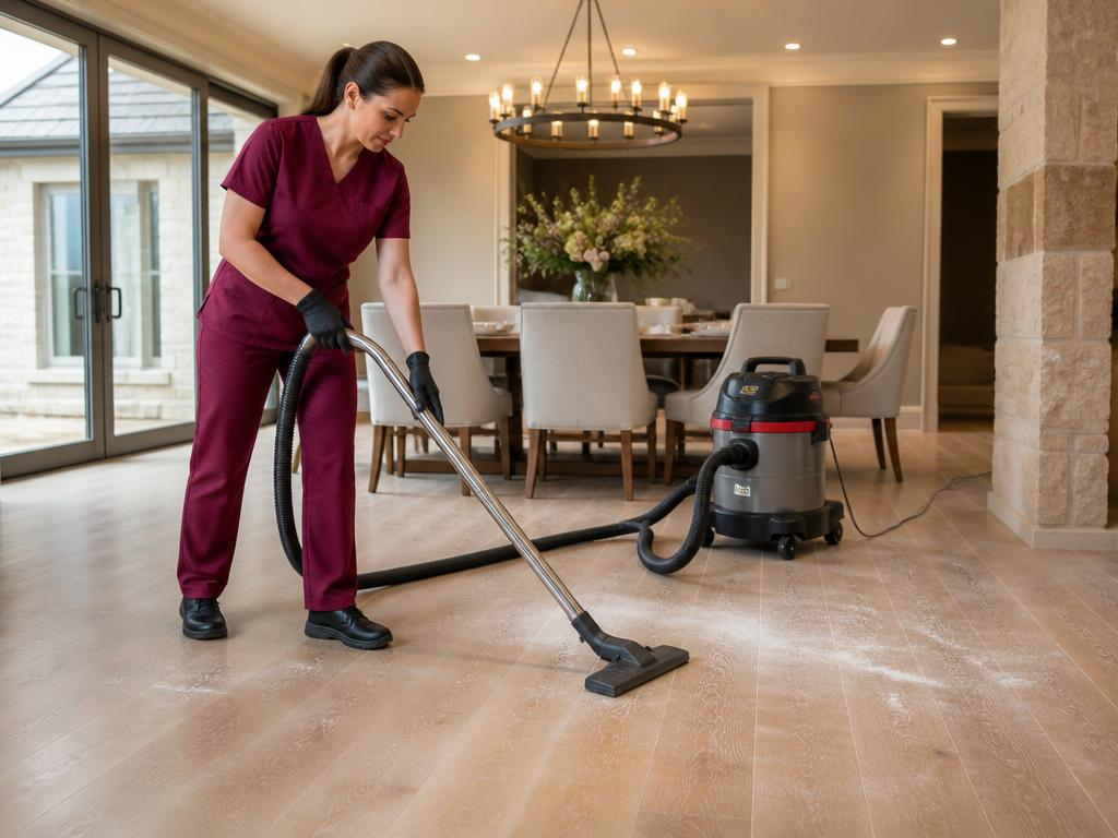 Cleaner in burgundy scrubs using a dry wet vac to remove fine dust from a hardwood floor in a luxury apartment dining room