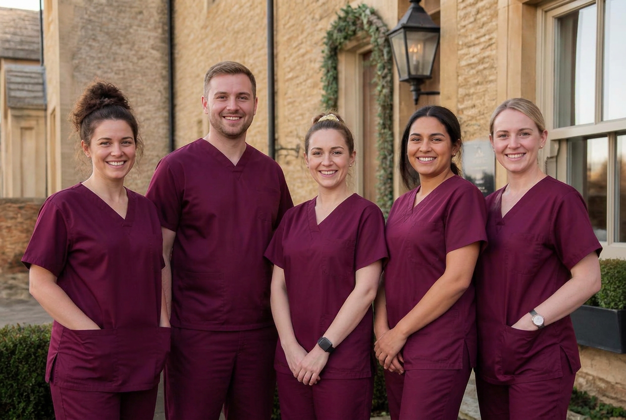 The Ivory & Cotswold Co. cleaning team in burgundy scrubs outside a Cotswold stone property